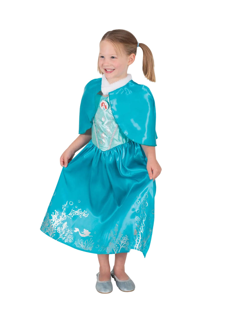 Kids Ariel Princess Costume - turquoise satin dress with underwater foil print and detachable cloak