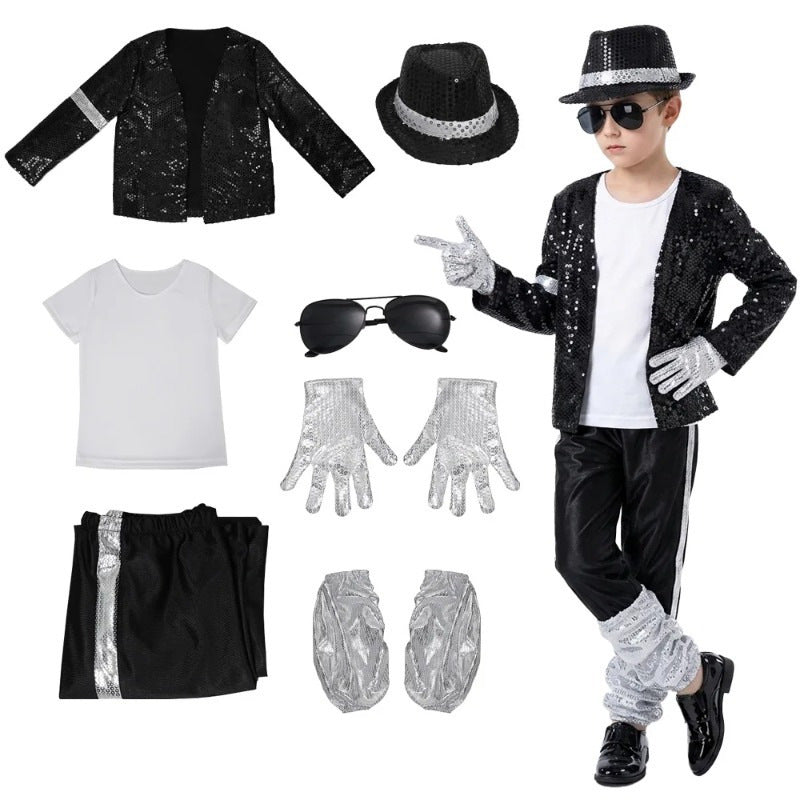Kids 80s pop star costume with black jacket, fedora, silver gloves and leg warmers