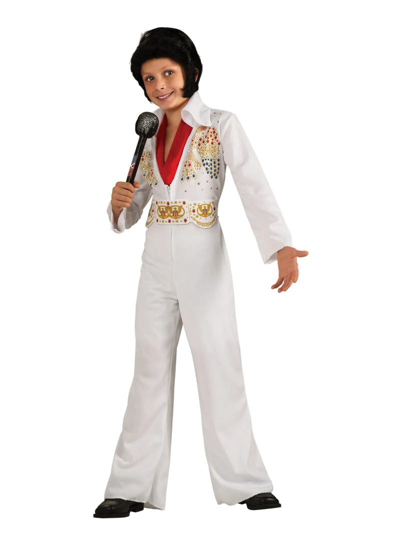 Kids Elvis Presley white jumpsuit costume with printed jewels and red scarf