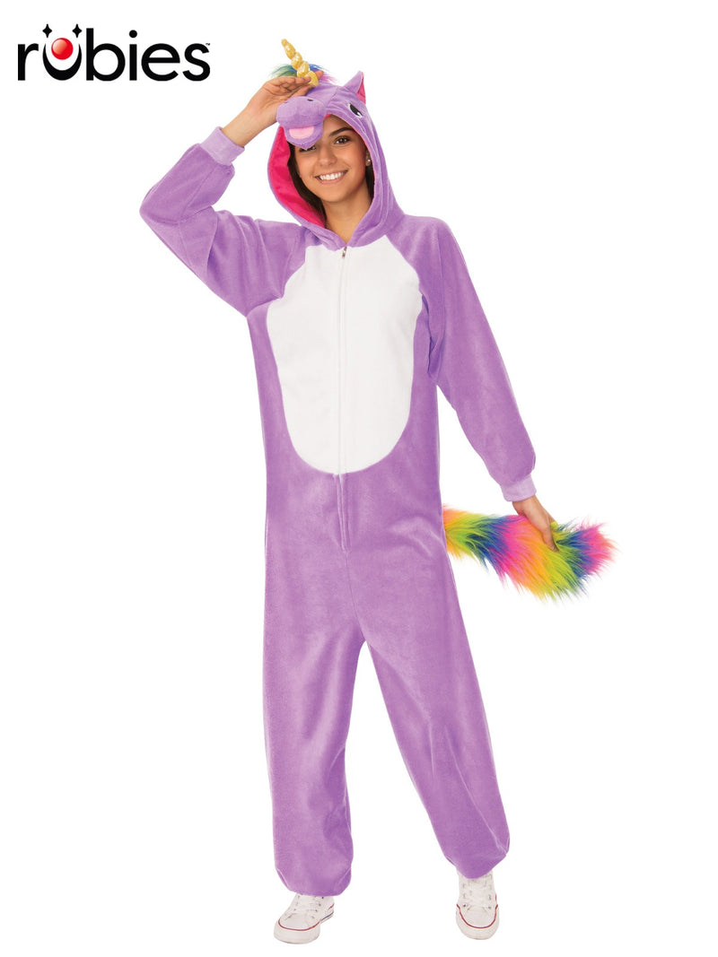 Adult wearing purple unicorn onesie with rainbow mane and gold horn, front view
