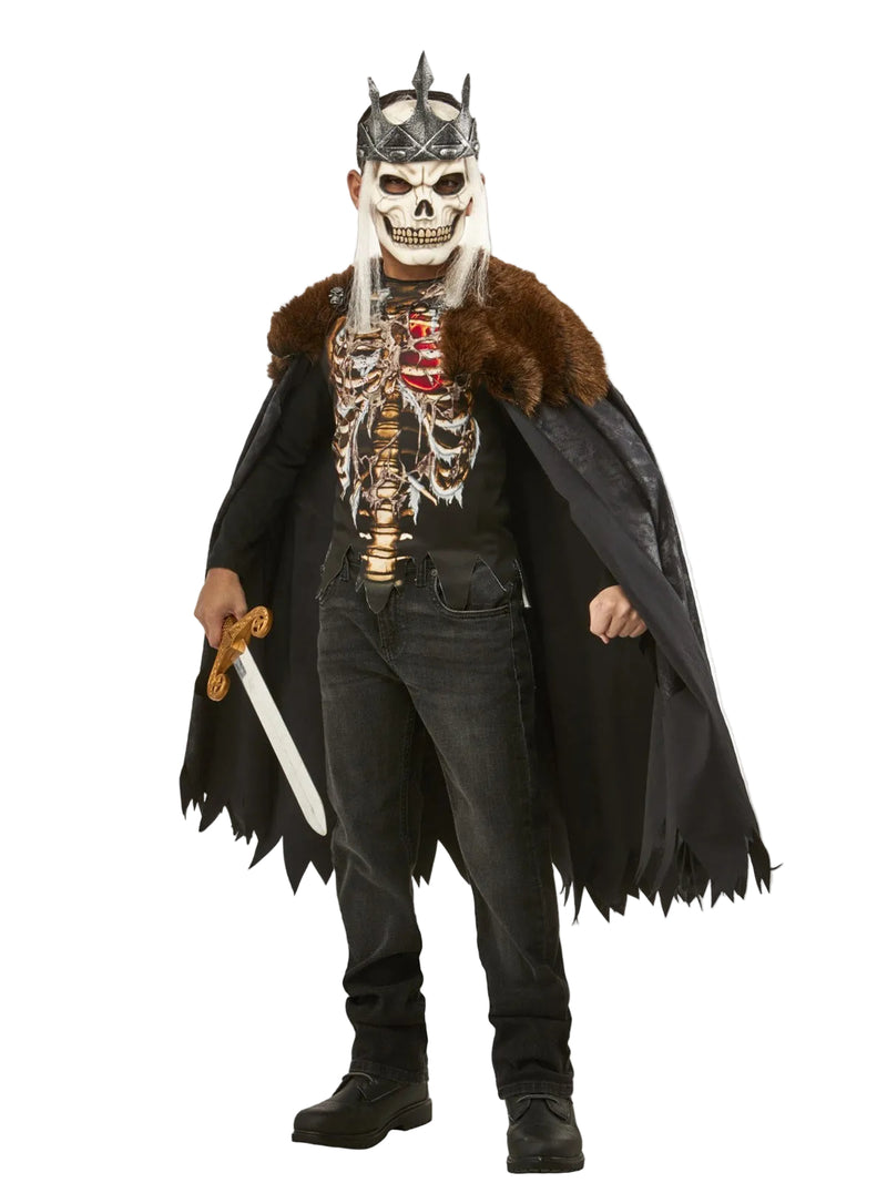 Kids skeleton king costume with printed ribs, tattered cape, and skull mask with silver crown