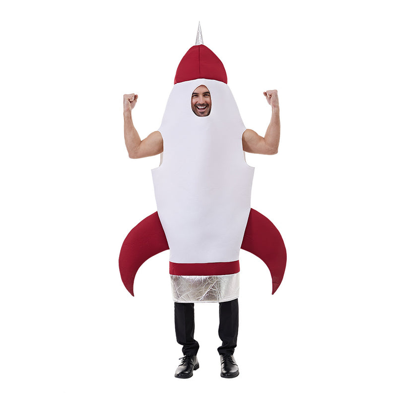 Adult wearing white rocket costume with red nose cone and fins
