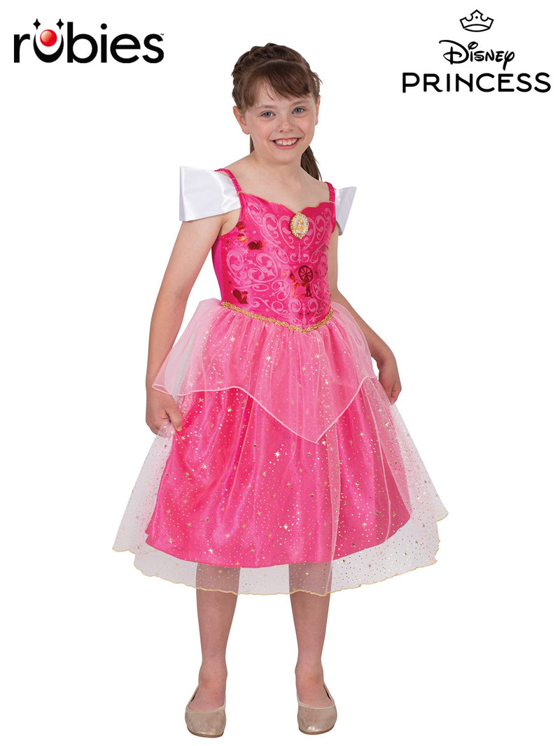 Kids Aurora Sleeping Beauty costume - hot pink satin princess dress with sparkle tulle skirt and gold trim