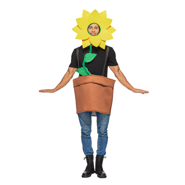 Adult wearing yellow sunflower headpiece costume with brown flowerpot tabard, front view