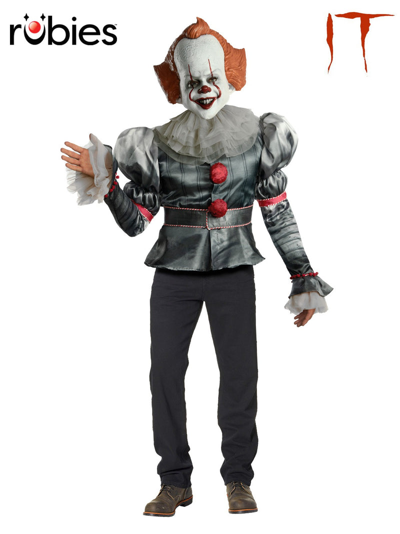 Adult Pennywise Clown Costume from It movie showing grey satin shirt with red pom-poms, white ruffled collar and latex mask with orange wig