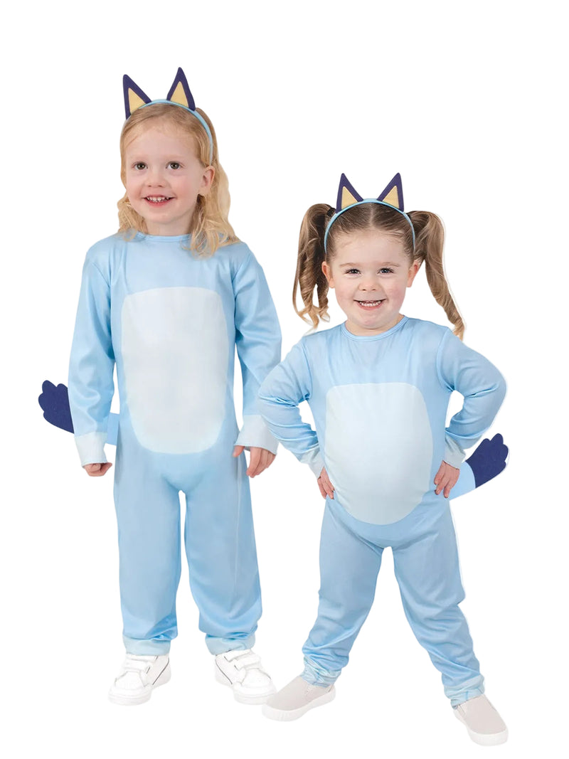 Toddler wearing Bluey costume with light blue jumpsuit, navy ears, and tail