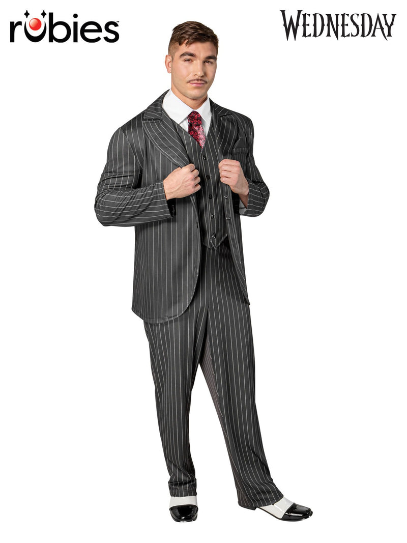 Adult Gomez Addams pinstripe suit costume with jacket, vest, shirt and tie from Netflix Wednesday series