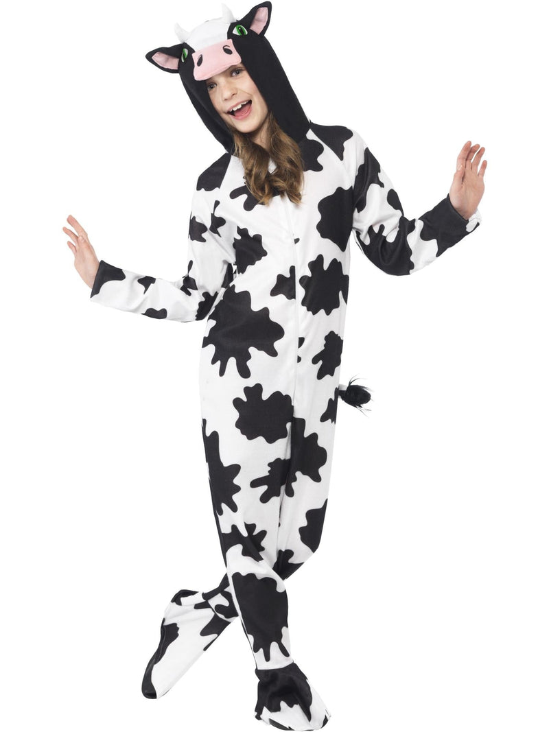 Kids cow costume onesie with hood and horns, front view