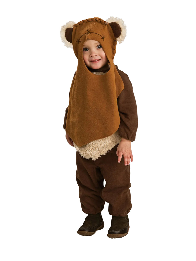 Toddler wearing brown Wicket the Ewok costume with hooded headpiece and rounded ears
