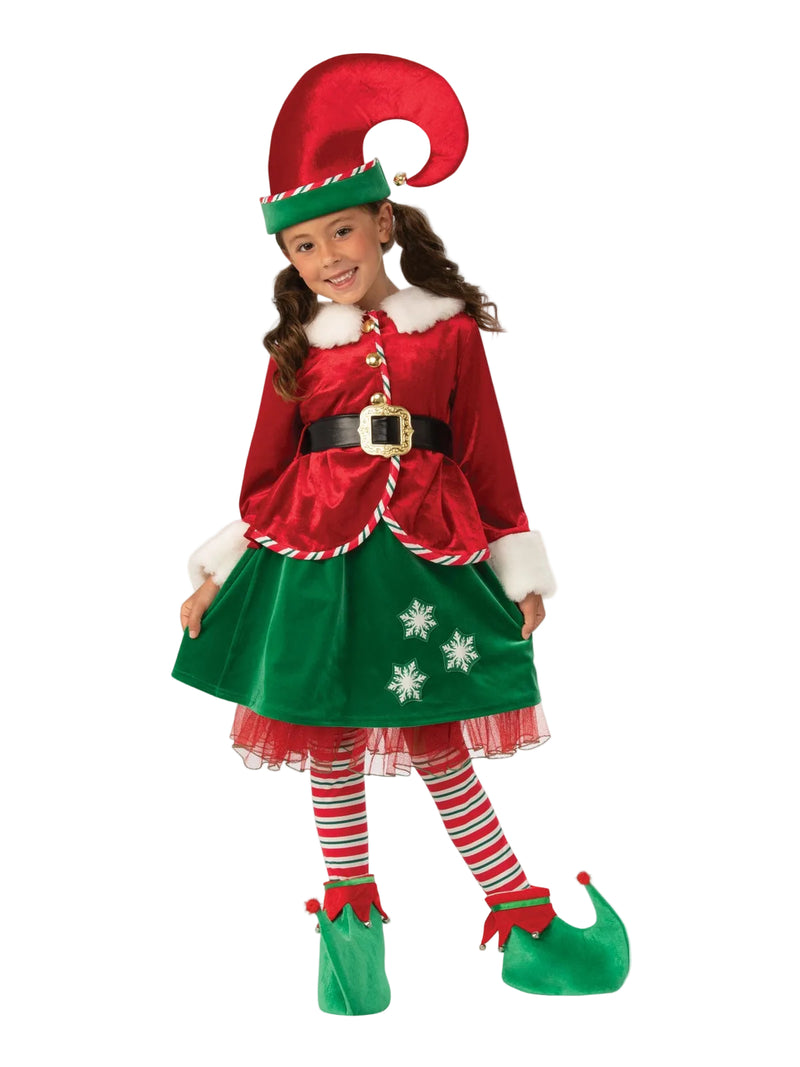 Kids Christmas Elf Costume - red velvet tunic with white fur trim, green snowflake skirt, curled-toe hat