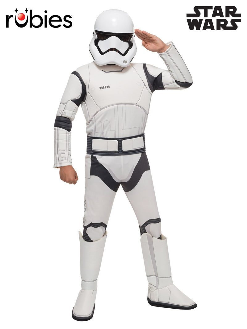 Child wearing white Star Wars First Order Stormtrooper costume with moulded helmet and padded jumpsuit