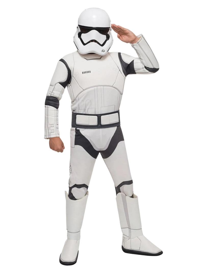 Child wearing white Star Wars First Order Stormtrooper costume with moulded helmet and padded jumpsuit