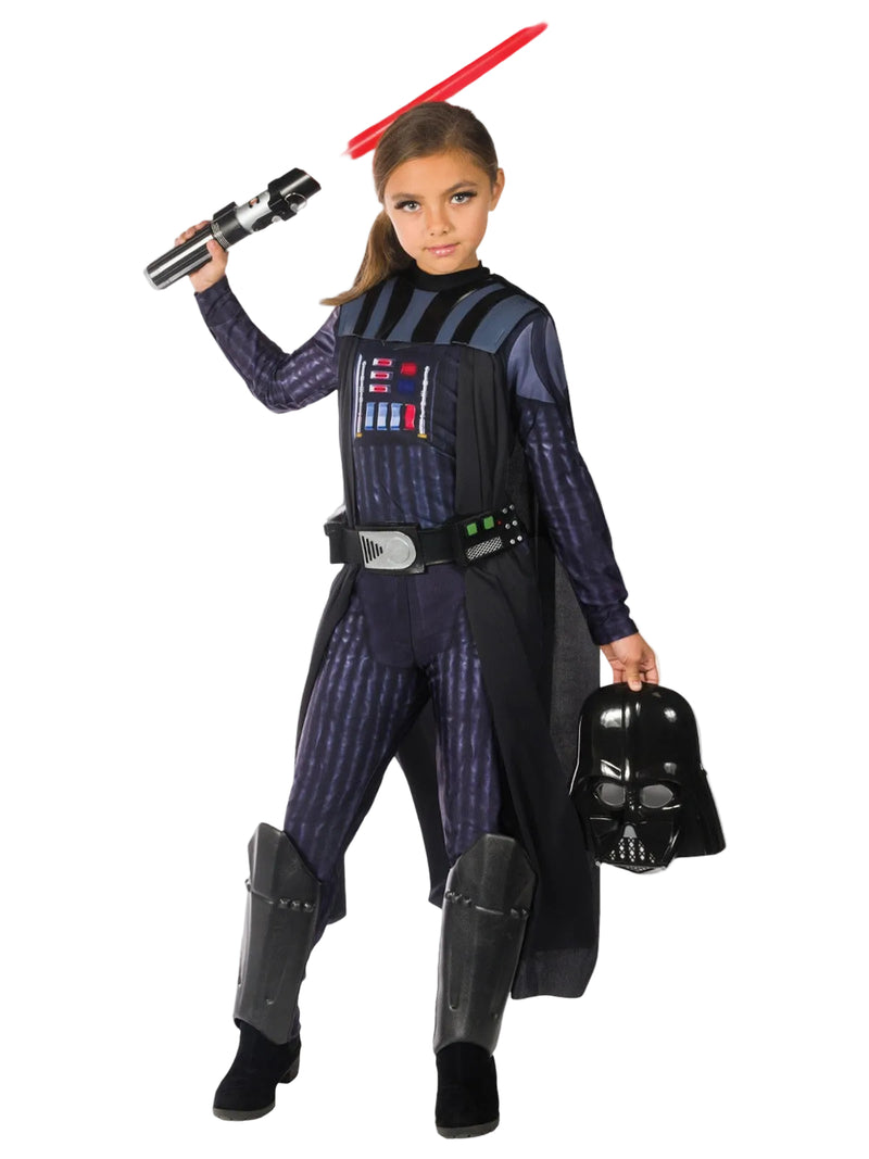Kids Darth Vader costume full body view showing photo-realistic jumpsuit with 3D armor