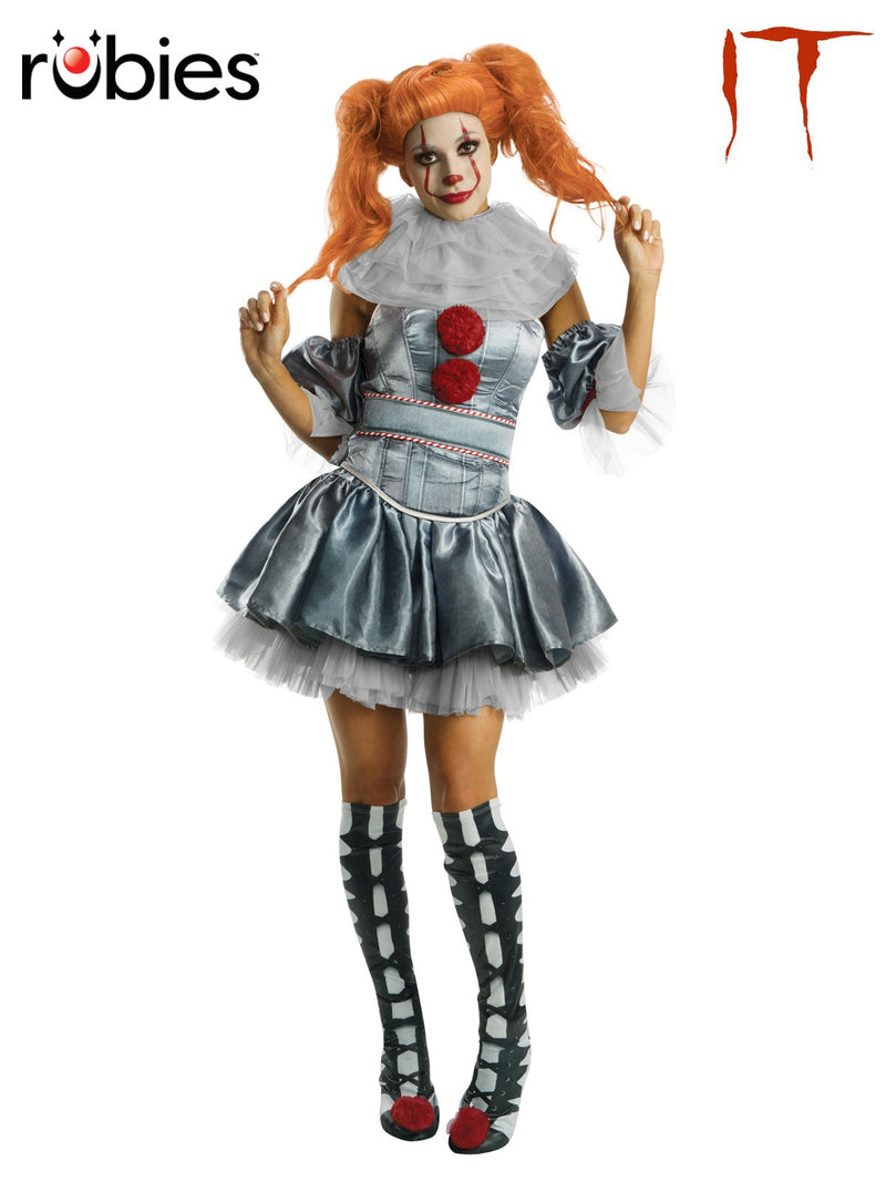 Womens Pennywise costume with silver metallic corset, tutu skirt, ruffled collar and striped boot covers