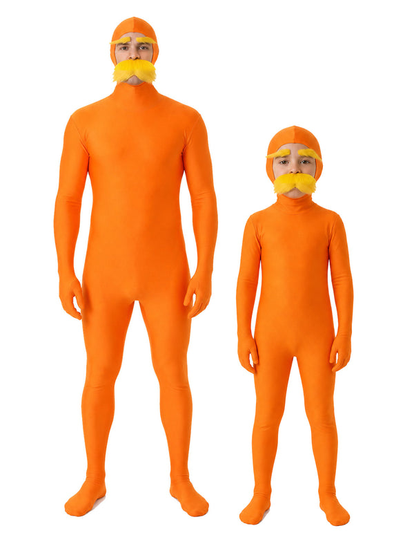 Orange full-body zentai suit with yellow furry mustache and eyebrows, front view