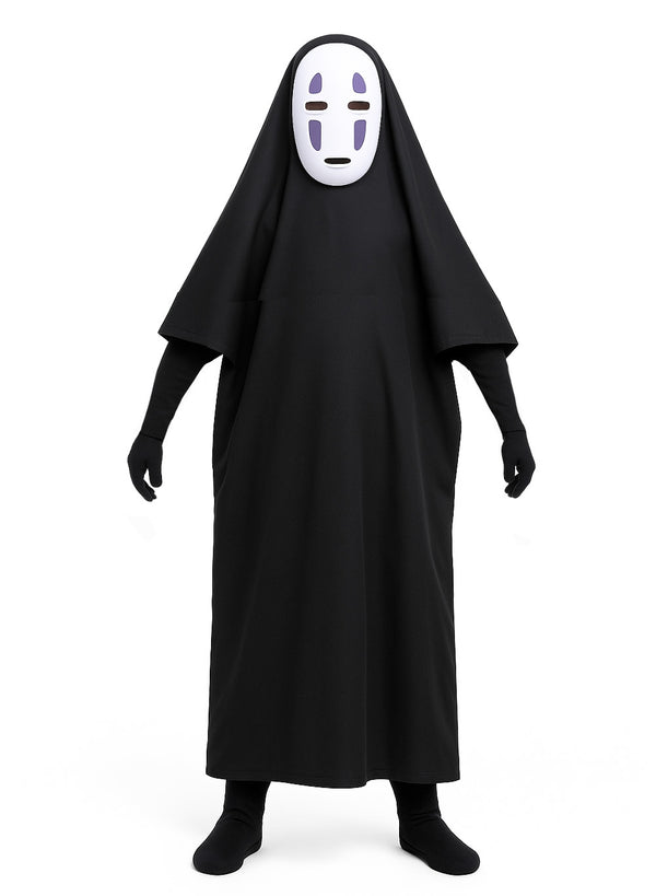 Child wearing black full-length robe with white faceless spirit mask and gloves
