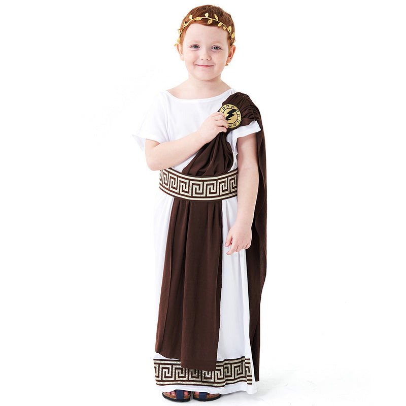 Kids Greek toga costume with white robe, brown drape, gold Greek-key trim and laurel crown