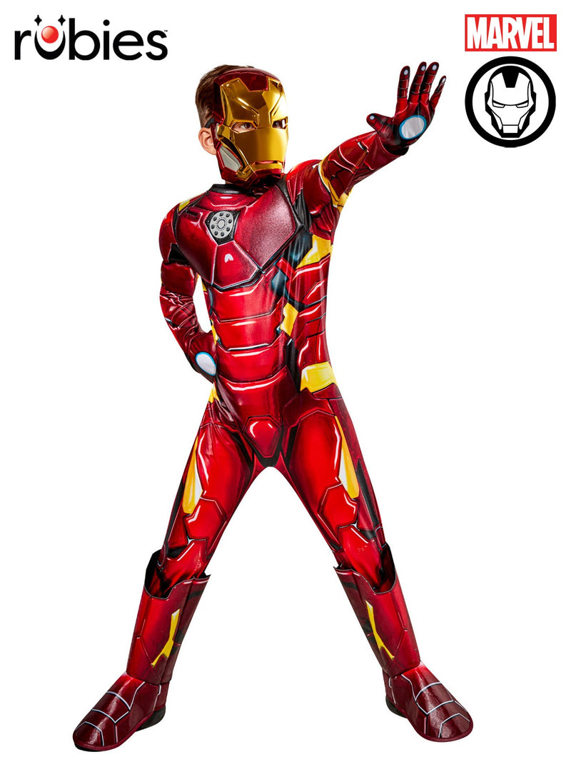 Kids Iron Man costume front view showing red and gold muscle-padded jumpsuit with arc reactor chest detail and molded mask