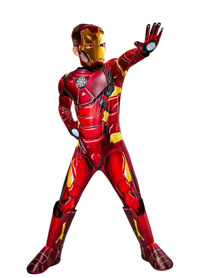 Kids Iron Man costume front view showing red and gold muscle-padded jumpsuit with arc reactor chest detail and molded mask