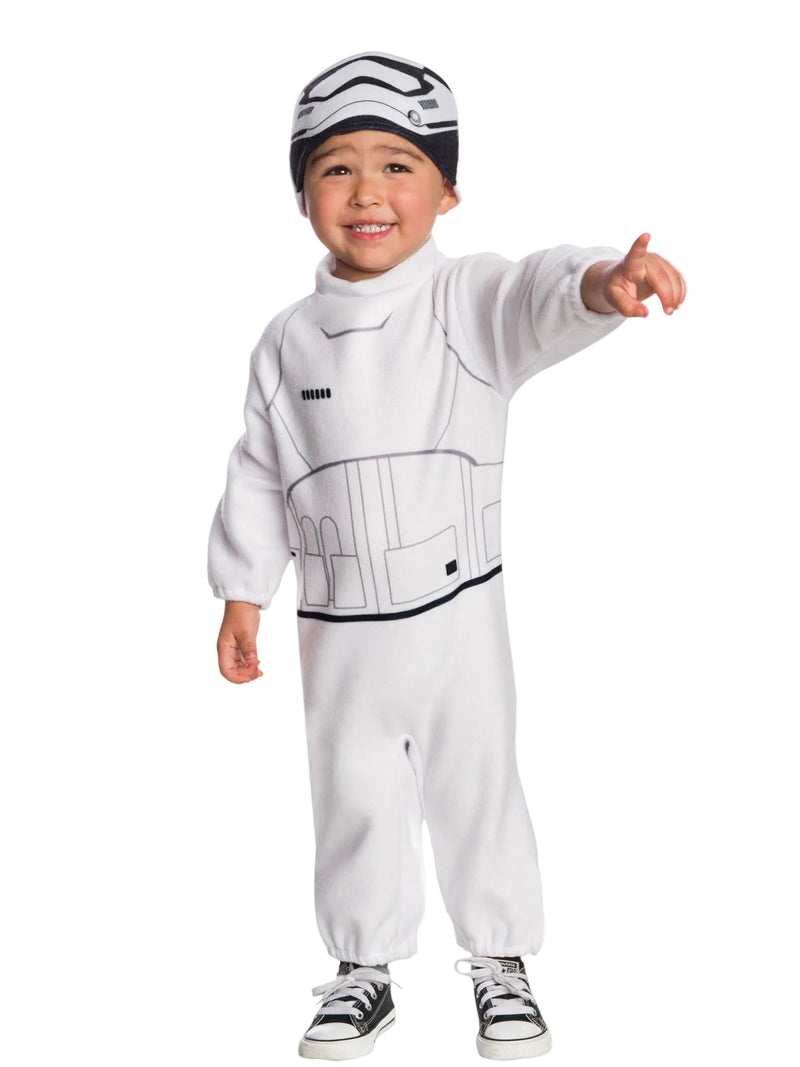 Kids Star Wars Stormtrooper fleece jumpsuit costume with printed armor detail and helmet beanie