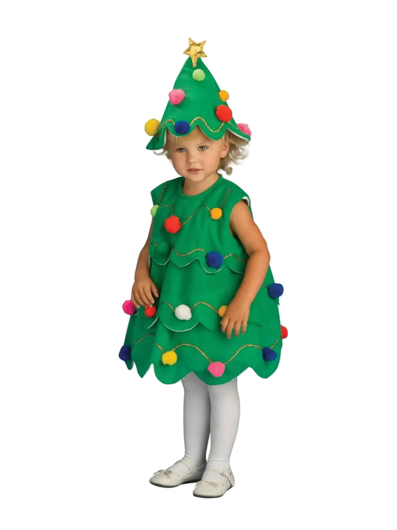 Kids Christmas tree costume with green felt dress and pom-pom ornaments