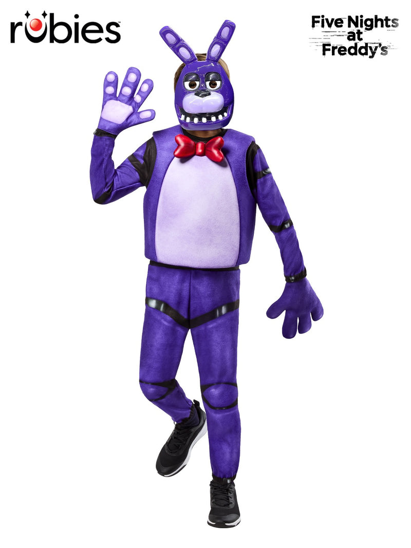 Child wearing purple Five Nights at Freddy's Bonnie costume with mask and mitts