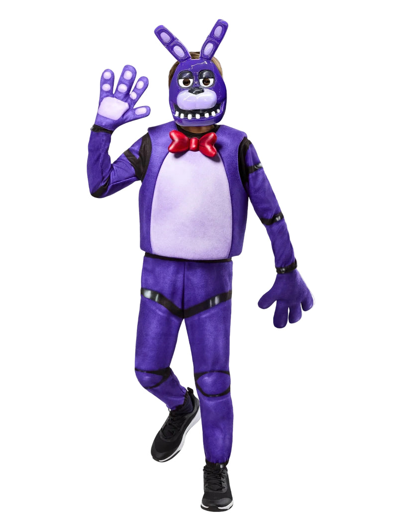 Child wearing purple Five Nights at Freddy's Bonnie costume with mask and mitts