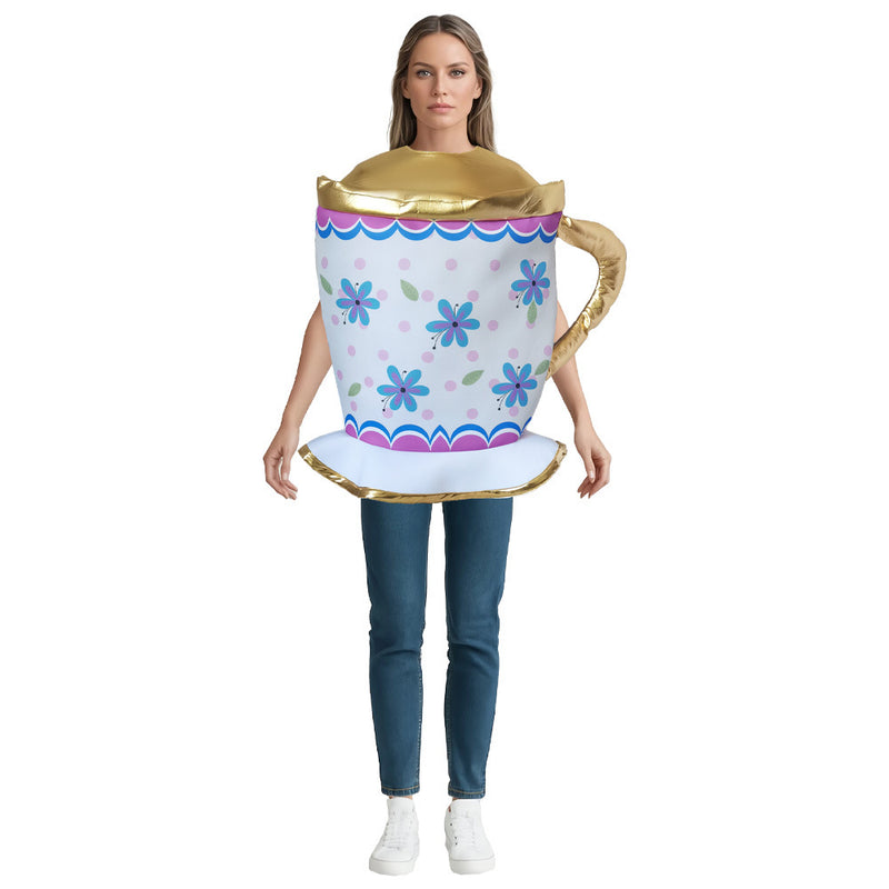 Adult wearing white teacup costume tabard with blue floral print and gold handle