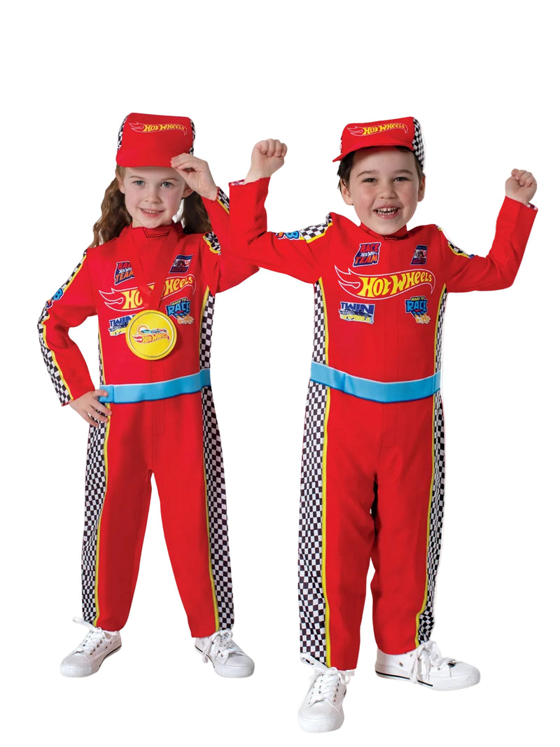 Kids Hot Wheels racing driver costume with red jumpsuit, flame logo and checkered flag stripes