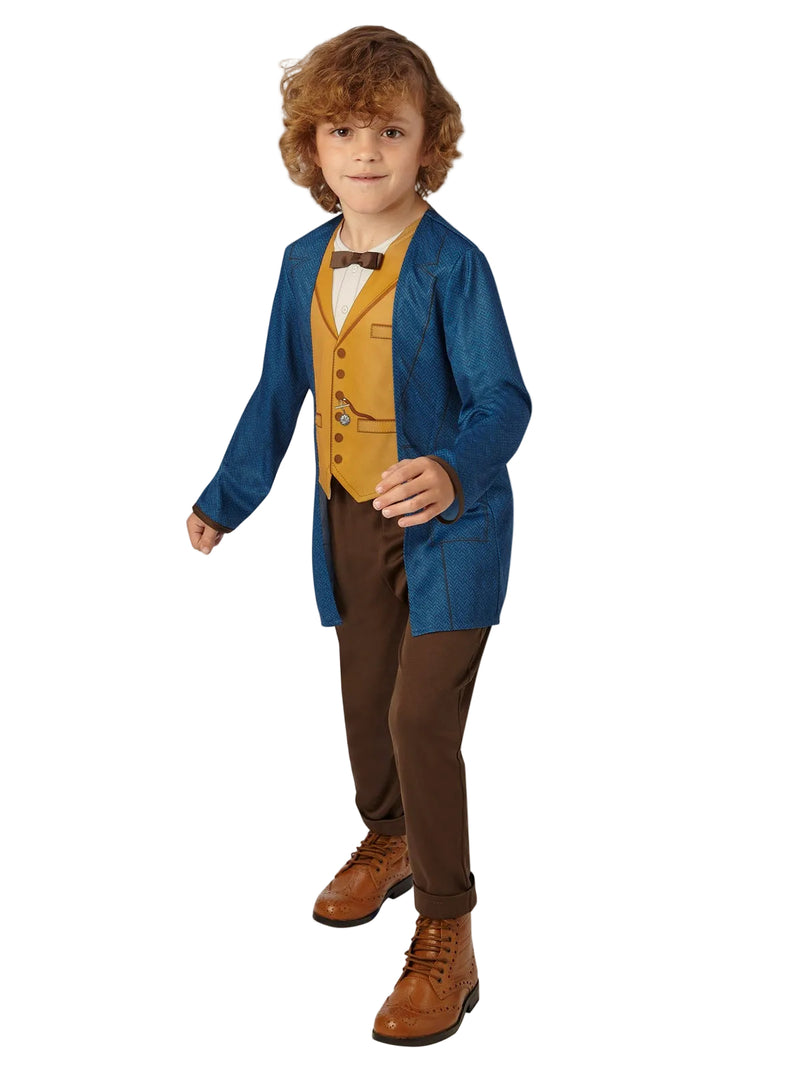 Kids Newt Scamander costume with teal herringbone coat and mustard waistcoat