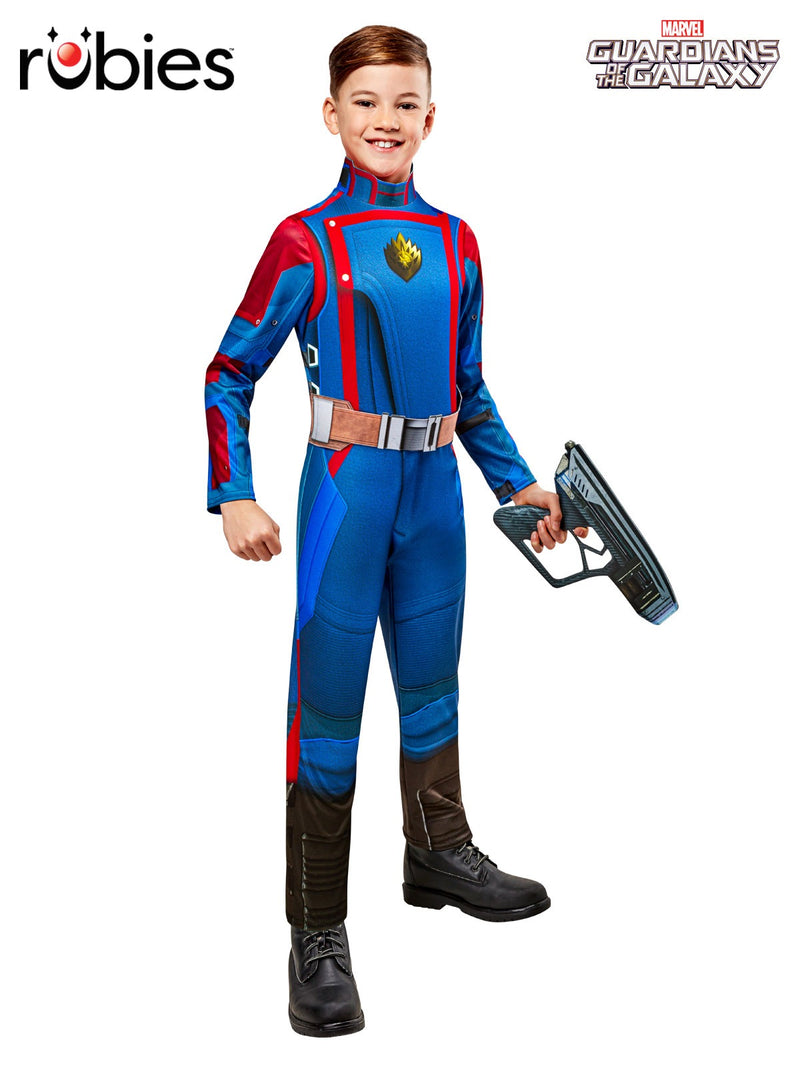 Child wearing blue and red Star-Lord jumpsuit costume with foam belt and toy blaster