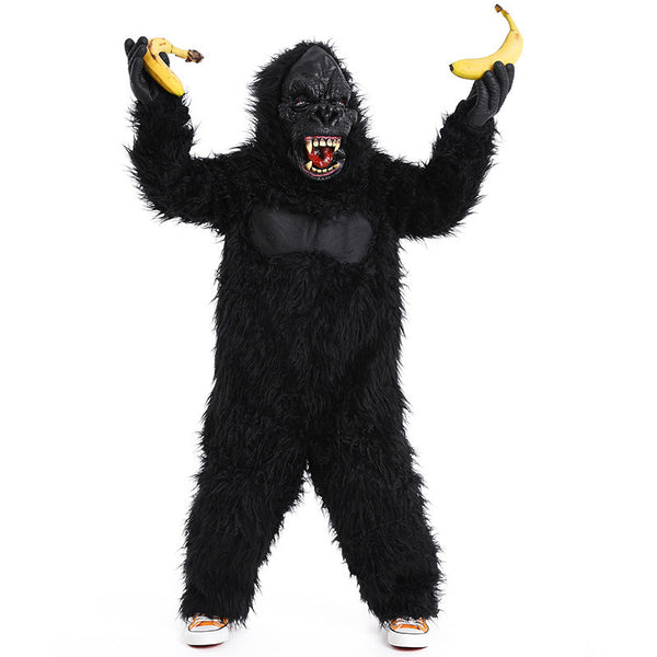 Kids gorilla costume with black fur jumpsuit, fierce mask and gloves
