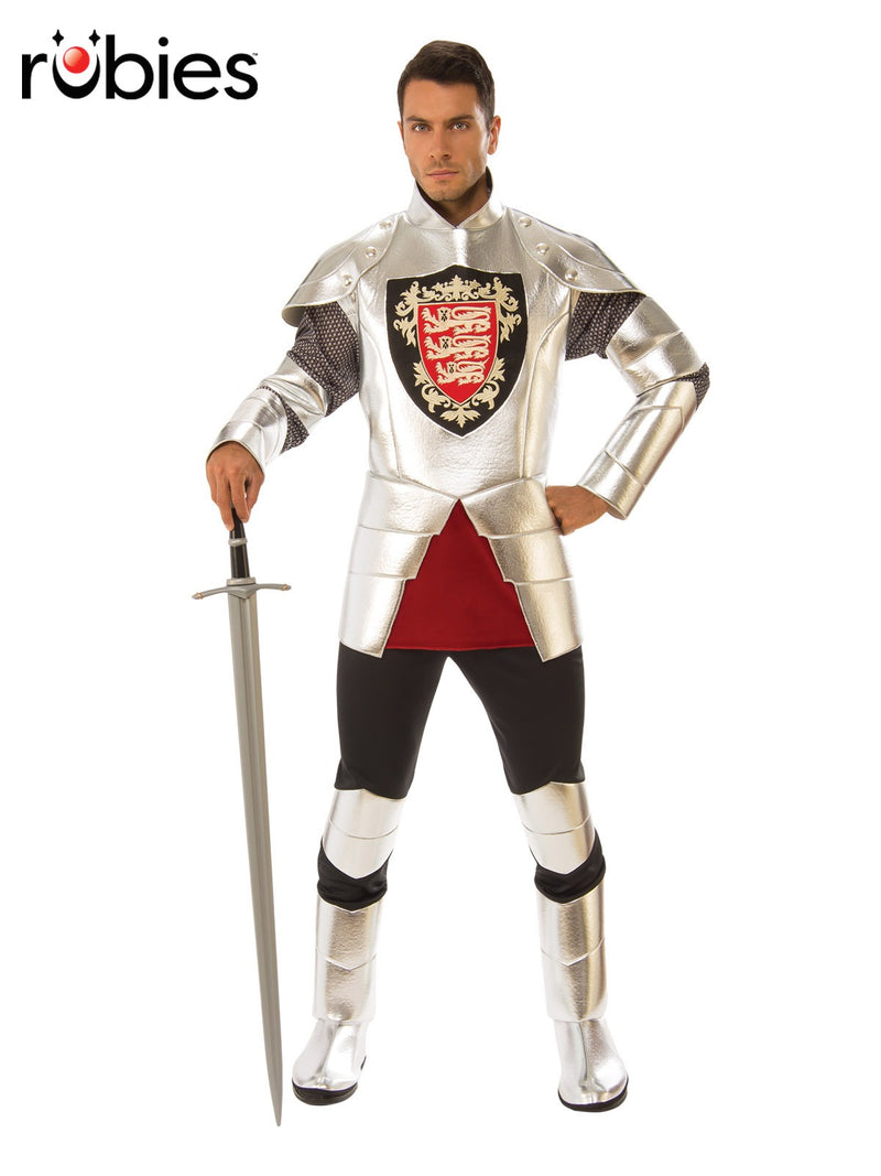 Mens medieval knight costume with silver armour tunic and heraldic shield