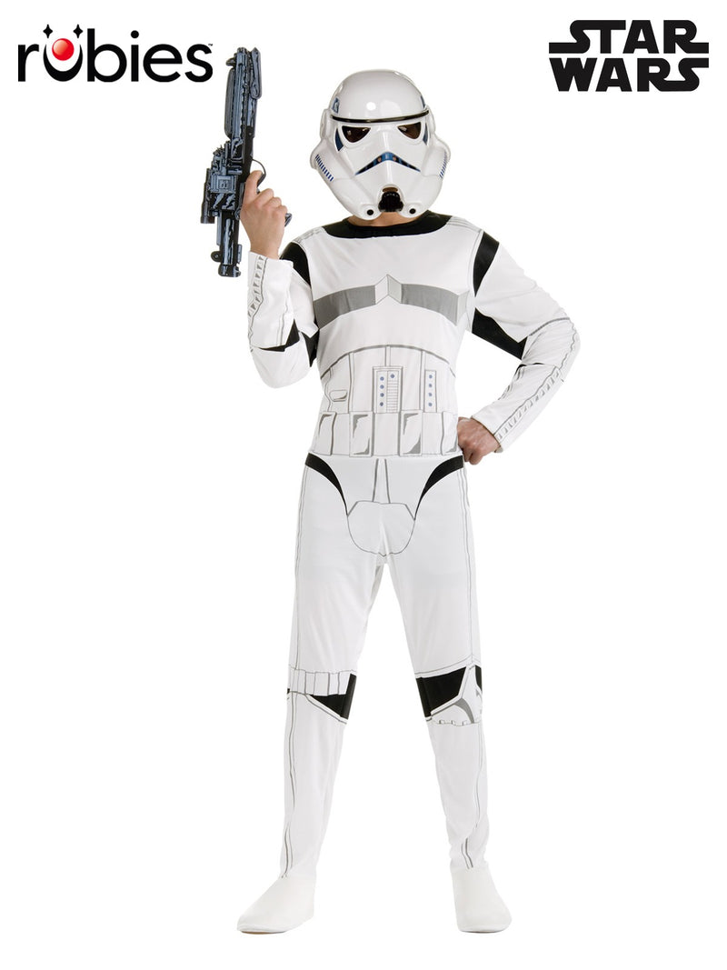 Adult Stormtrooper costume with printed white armor jumpsuit and molded helmet mask