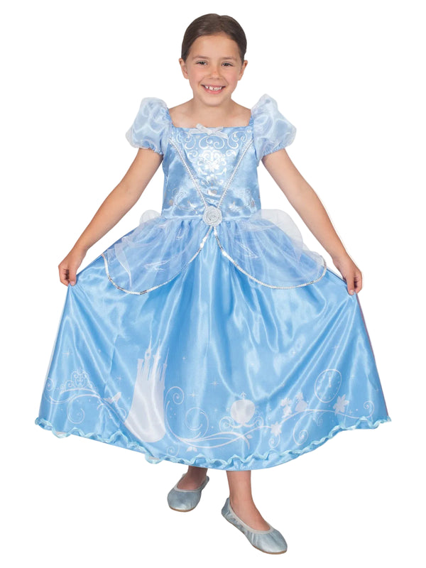 Kids Disney Princess Cinderella Costume - full-length powder blue ball gown with story-print hem