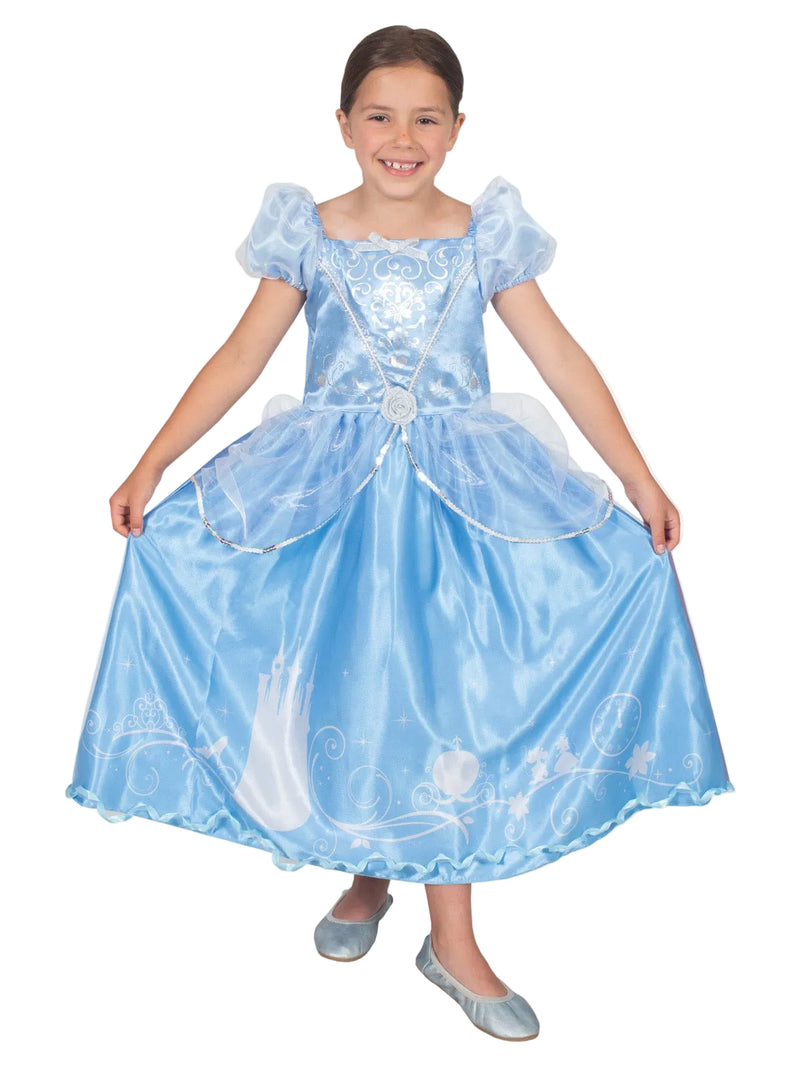 Kids Disney Princess Cinderella Costume - full-length powder blue ball gown with story-print hem