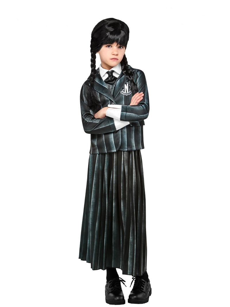 Kids Wednesday Addams Nevermore Academy costume showing pinstriped jacket, vest with tie, and pleated skirt