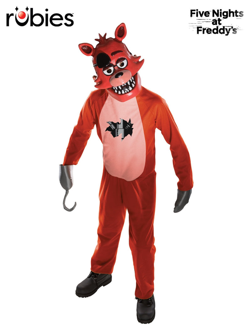 Kids Foxy FNAF costume jumpsuit with orange body, pink belly panel, and printed chest damage