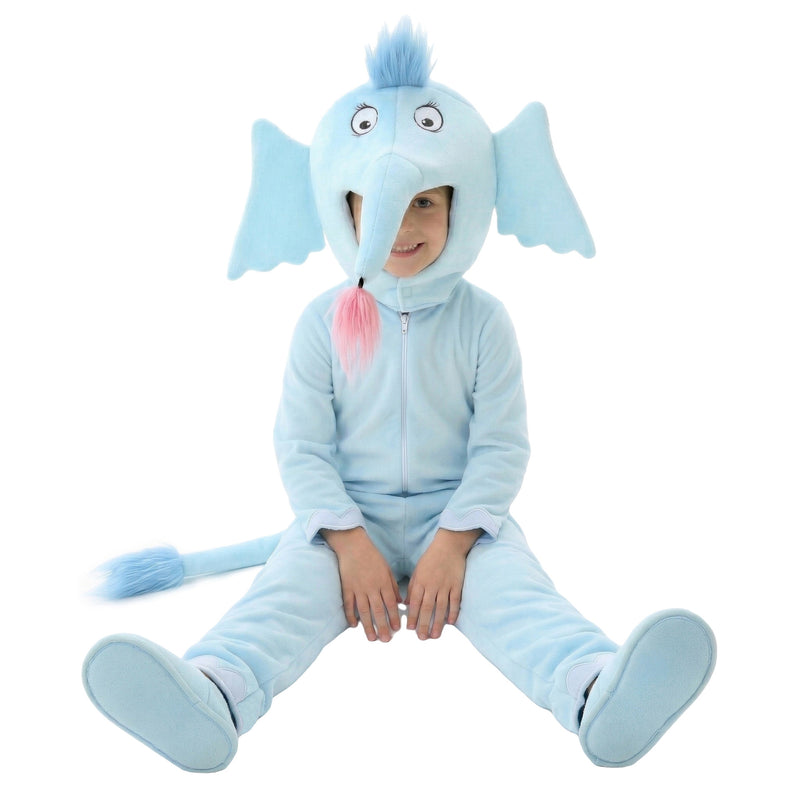 Kids blue elephant costume onesie with 3D trunk and floppy ears