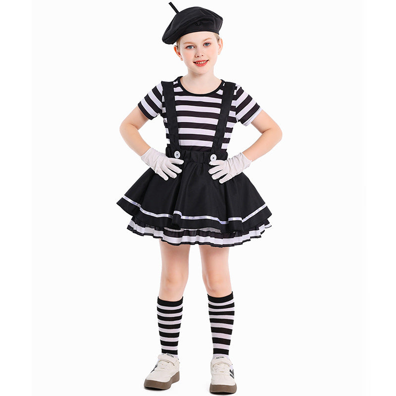 Kids mime artist costume with black white striped top and suspender skirt