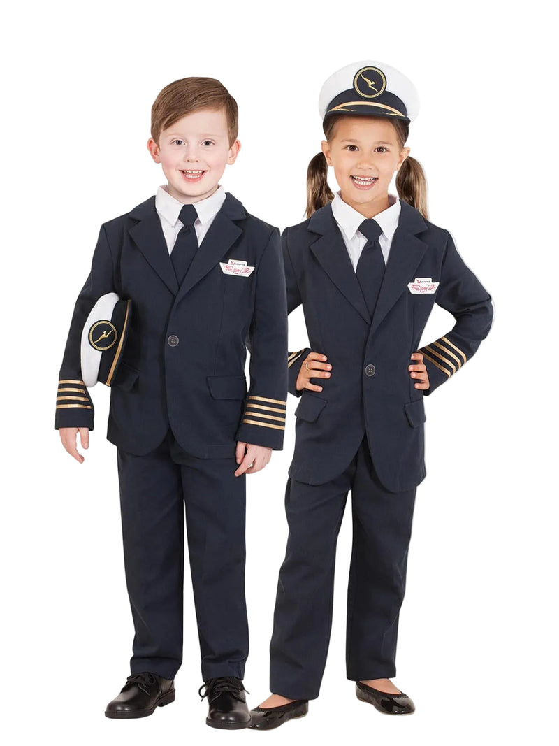 Kids Qantas pilot costume with navy blazer, gold captain's braids, and Joey Club logo patch