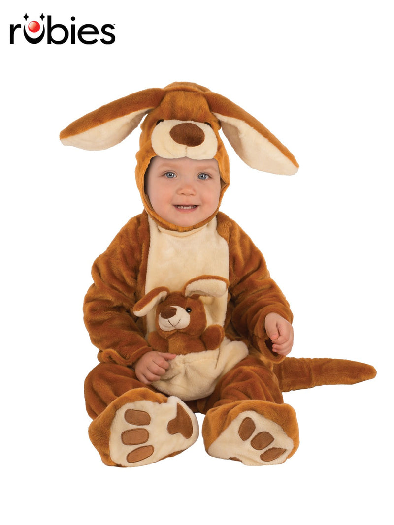Toddler wearing tan and cream plush kangaroo costume with joey in pouch