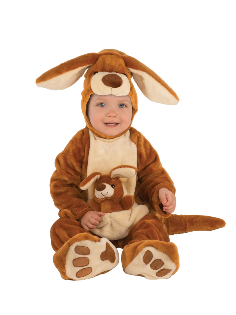 Toddler wearing tan and cream plush kangaroo costume with joey in pouch
