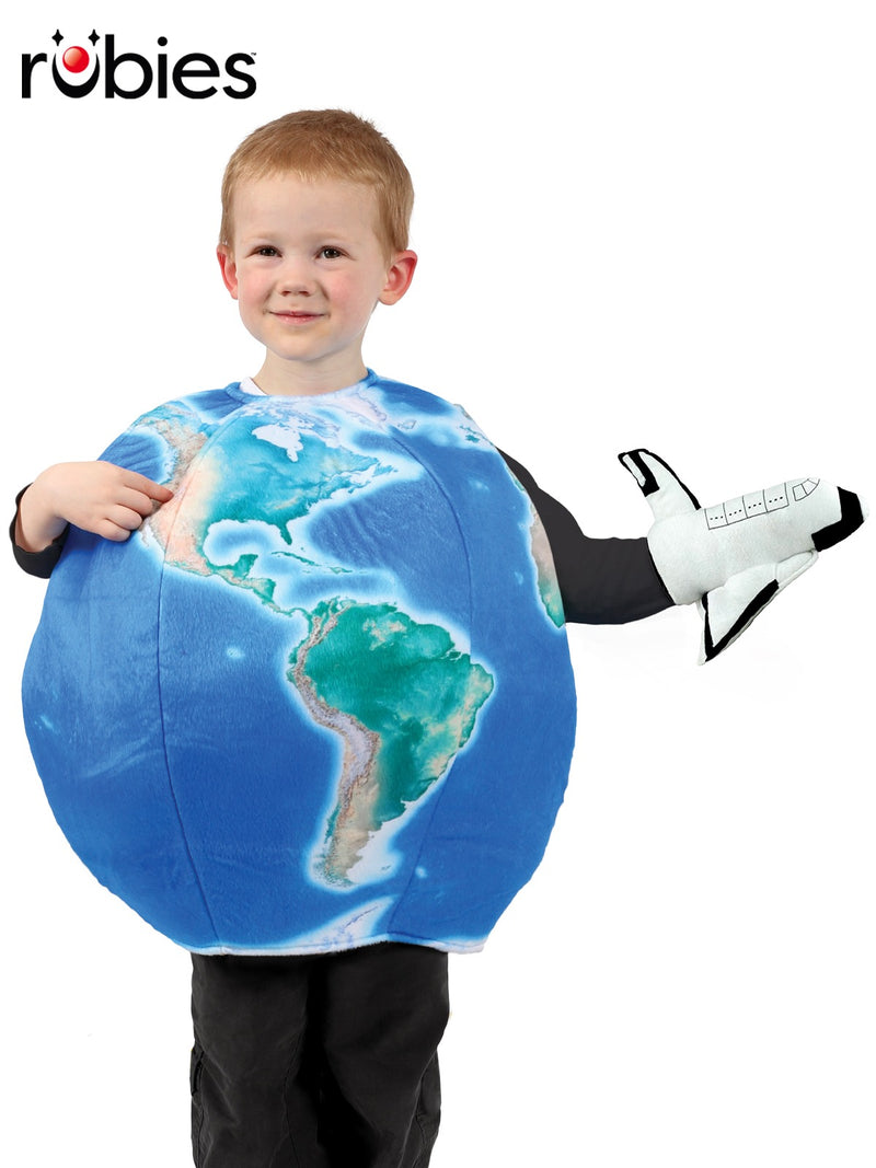 Kids Earth Globe Costume - fibre-filled bubble suit with photorealistic planet print and plush space shuttle hand puppet