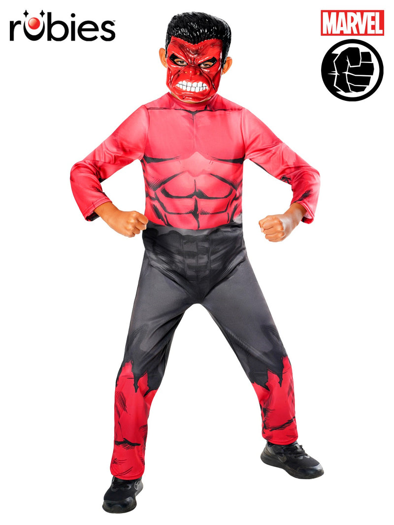 Kids Red Hulk Costume showing digitally printed muscle jumpsuit with flame motifs on legs