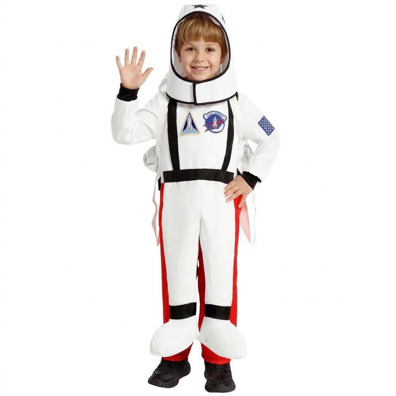 Kids astronaut costume with white jumpsuit, helmet hood and silver rocket jetpack