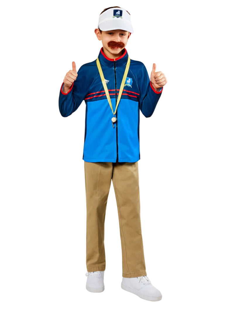 Kids Ted Lasso costume with royal blue coach jacket, white visor, whistle and moustache