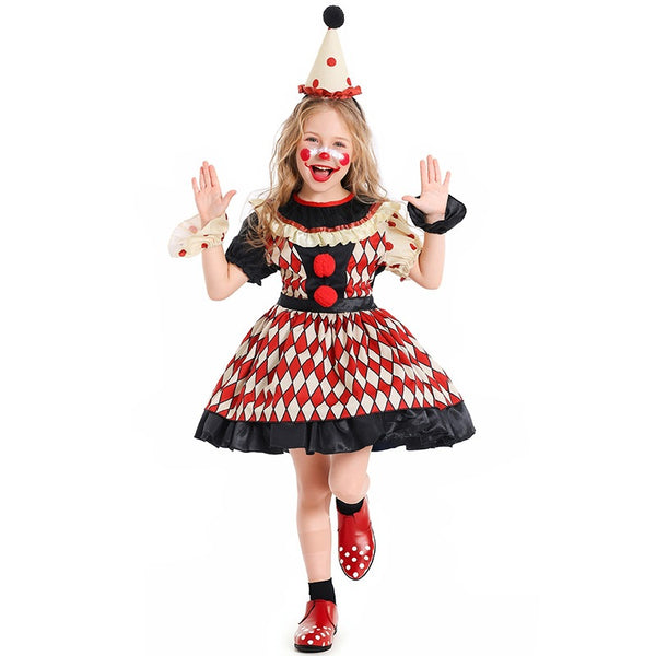 Kids harlequin clown costume with red diamond-check dress and cone hat