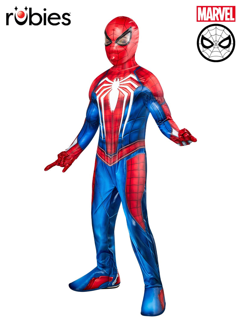 Kids Spider-Man Advanced Suit 2.0 costume front view showing electric blue and red metallic jumpsuit with padded muscles and white spider emblem