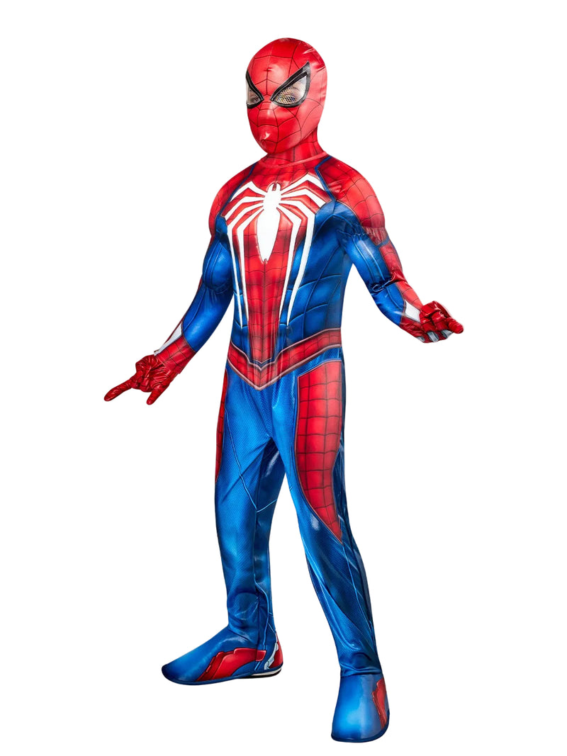 Kids Spider-Man Advanced Suit 2.0 costume front view showing electric blue and red metallic jumpsuit with padded muscles and white spider emblem